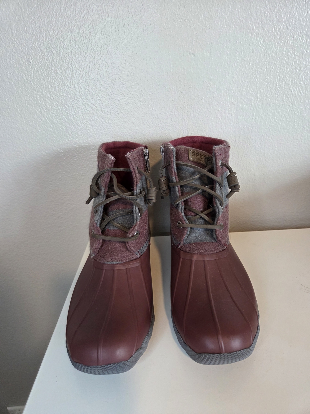 Sperry Burgundy and Gray Duck Boots